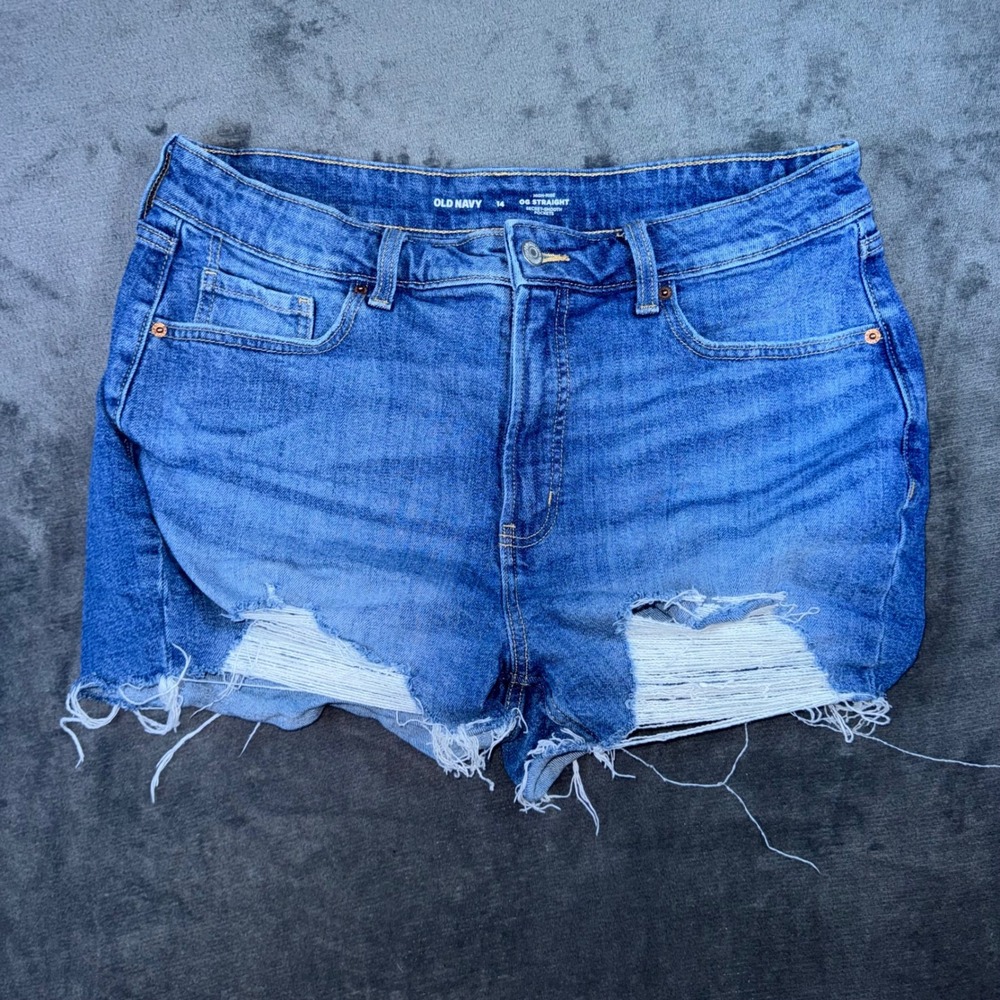 Womens 14 Old Navy Jean Shorts Blue Excellent Distressed High Rise OG Straight